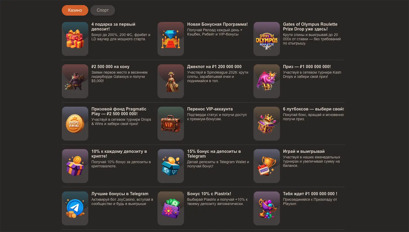 Все бонусы Joycasino